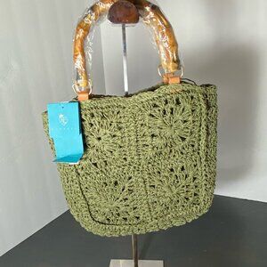 💝 KISS SEA Woven Crochet Handbag Bamboo Handle Green NWT